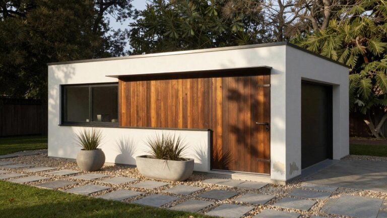 Modern white rectangular building with sloped dark roof, dark vertical wood door, black-framed three-pane window, gravel driveway, stone pavers, and potted grasses in front.