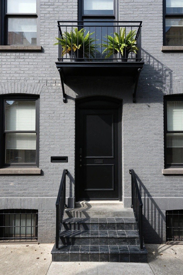 Gray brick townhouse exterior with centered black front door, black metal balcony holding potted ferns above the entry, black-tiled steps with black railings, and windows on both sides.