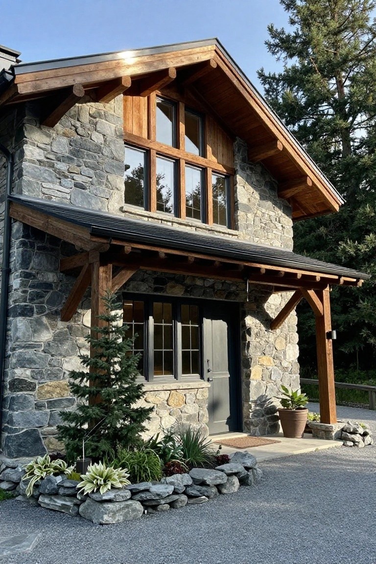 Two-story house exterior with gray stone walls, exposed wooden beams and roof overhang, large multi-pane windows, dark entry door, small plants and gravel driveway in front.