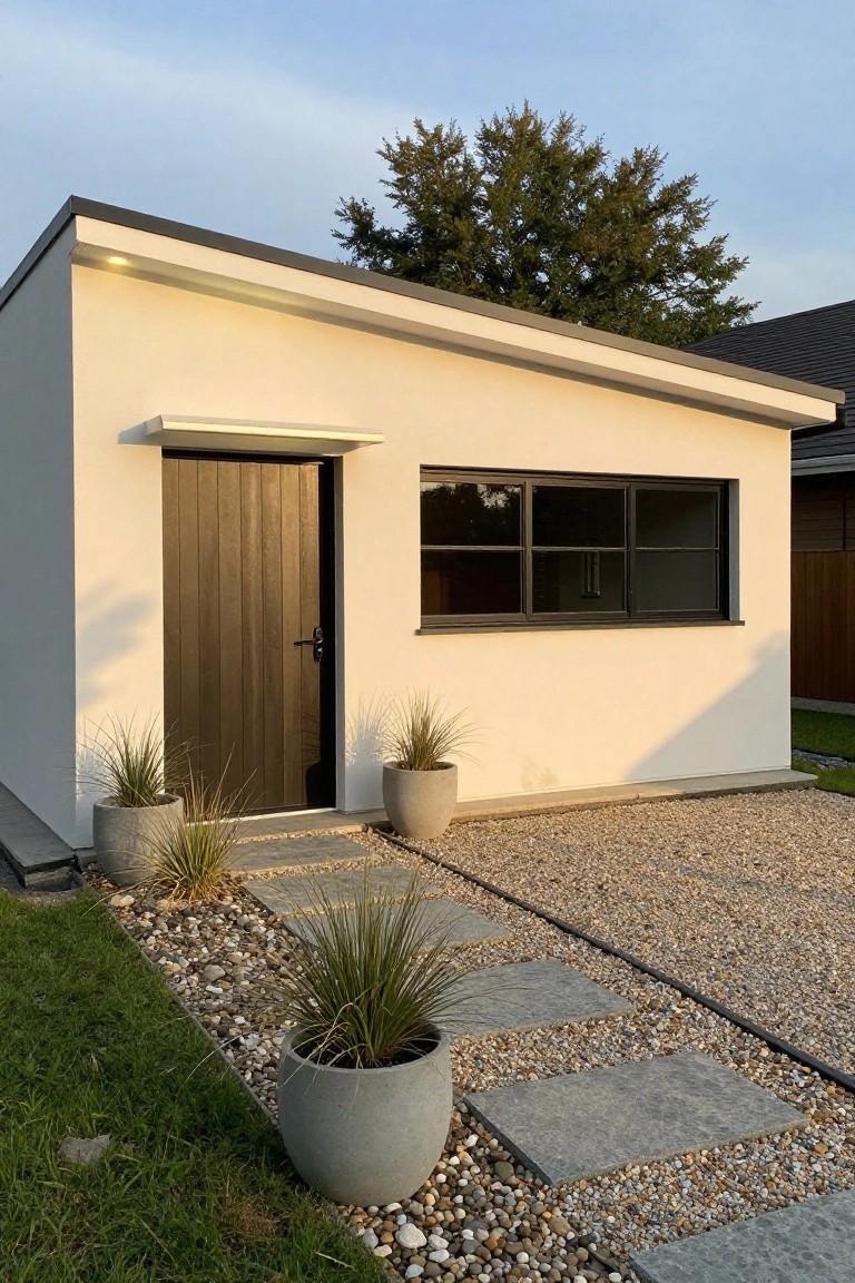 Modern white rectangular building with sloped dark roof, dark vertical wood door, black-framed three-pane window, gravel driveway, stone pavers, and potted grasses in front.