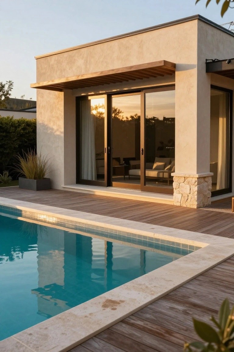 Beige stucco house exterior with wooden pergola over sliding glass doors, wooden deck extending to turquoise pool edge, stone pillar base, potted grasses and hedges nearby.