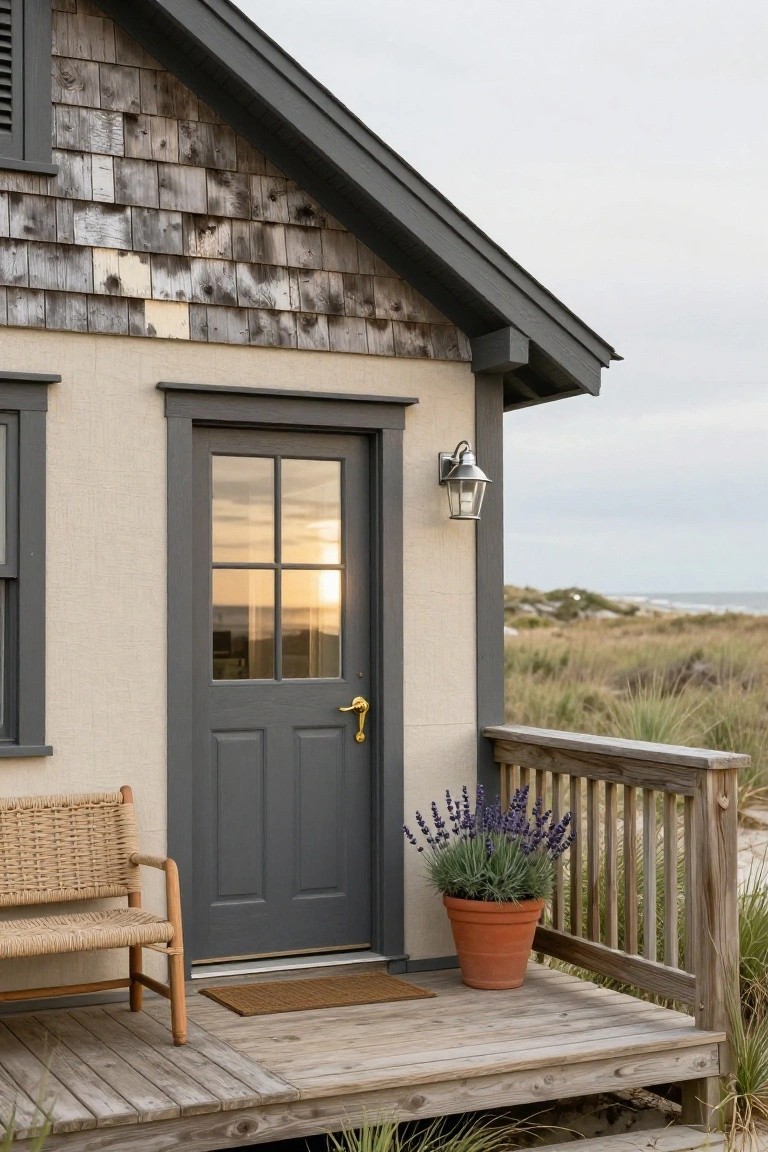 Small beach house exterior with gray shingle roof and siding over beige walls, dark gray four-panel glass door, exterior lantern light, wicker chair on wooden porch deck, potted lavender plant, sea grass and ocean in background at sunset.