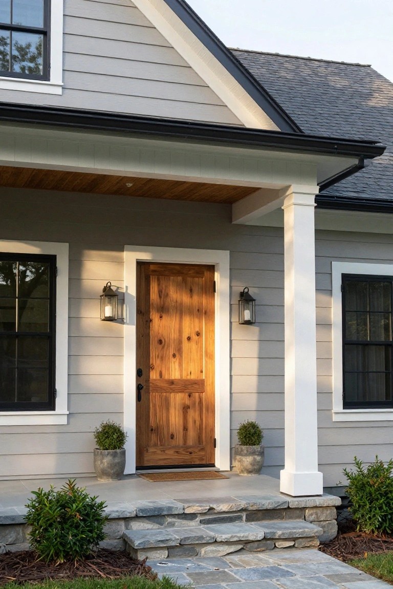 Front exterior of a house with light gray clapboard siding, black-framed windows and trim, a knotted wood front door with black hardware, flanked by lanterns, white porch columns, wooden porch ceiling, potted plants, and flagstone entry steps.