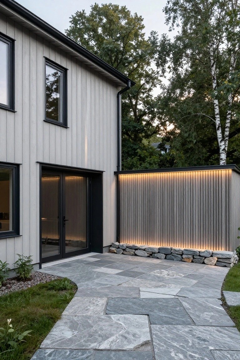 Side view of a modern house featuring light gray vertical wood cladding on walls, black-framed windows and double glass doors at entry, adjacent tall lit vertical wood screen with stone base, and irregular gray slate pavers curving as a pathway next to grass and plants.