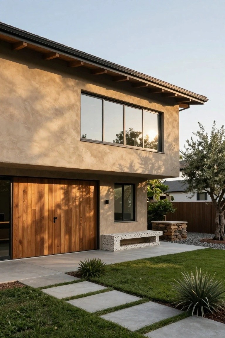Beige stucco house exterior with wooden plank garage door, large reflective glass window, concrete pavers, grass lawn, agave plants, and olive tree in the yard at sunset.