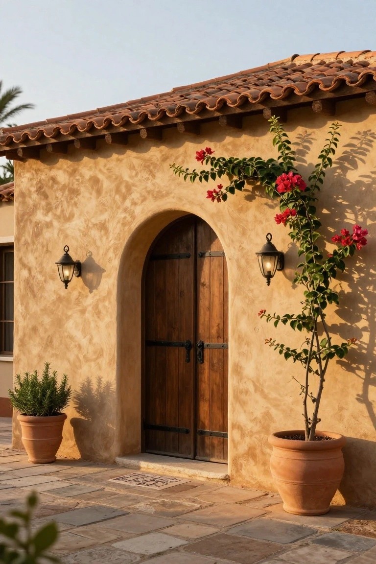 Warm beige stucco house exterior with arched wooden door, black iron lanterns, climbing red bougainvillea vines, potted rosemary and olive tree in terracotta pots, and terracotta tile roof under a clear sky.