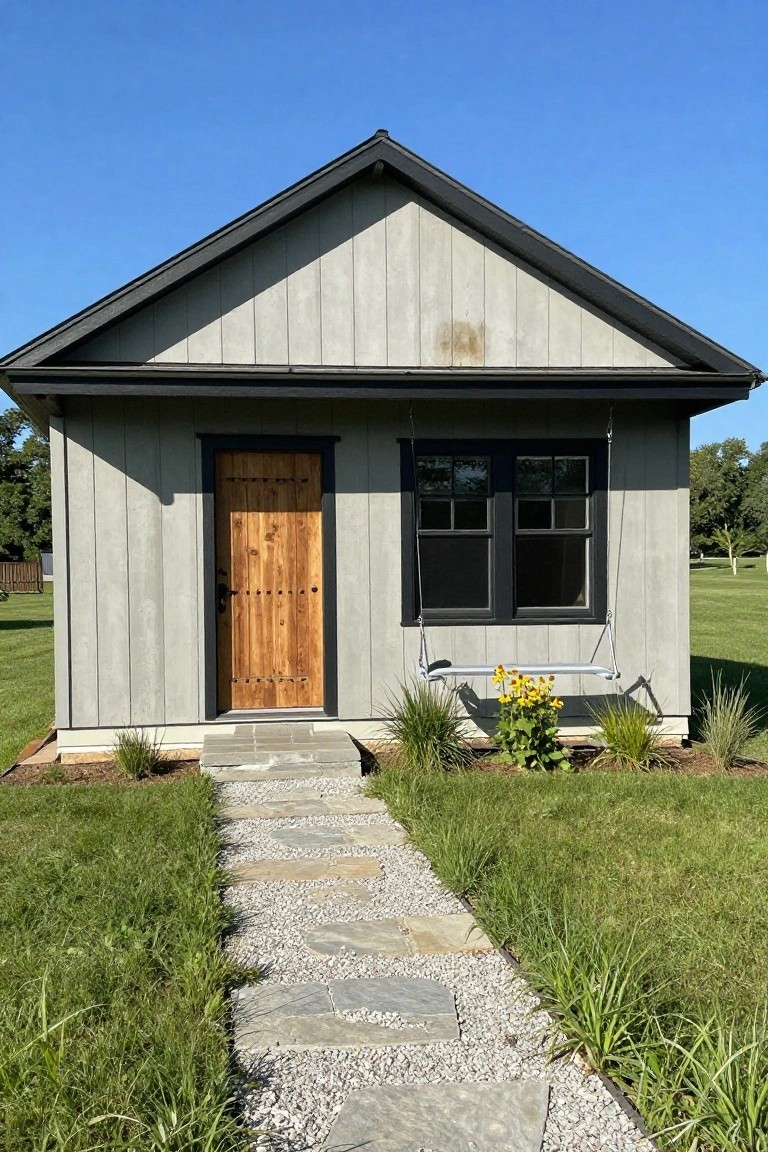 Small gray board-and-batten shed with wooden plank door, black-framed double window, hanging porch swing with sunflowers, ornamental grasses, flagstone pathway, and grassy yard under blue sky.