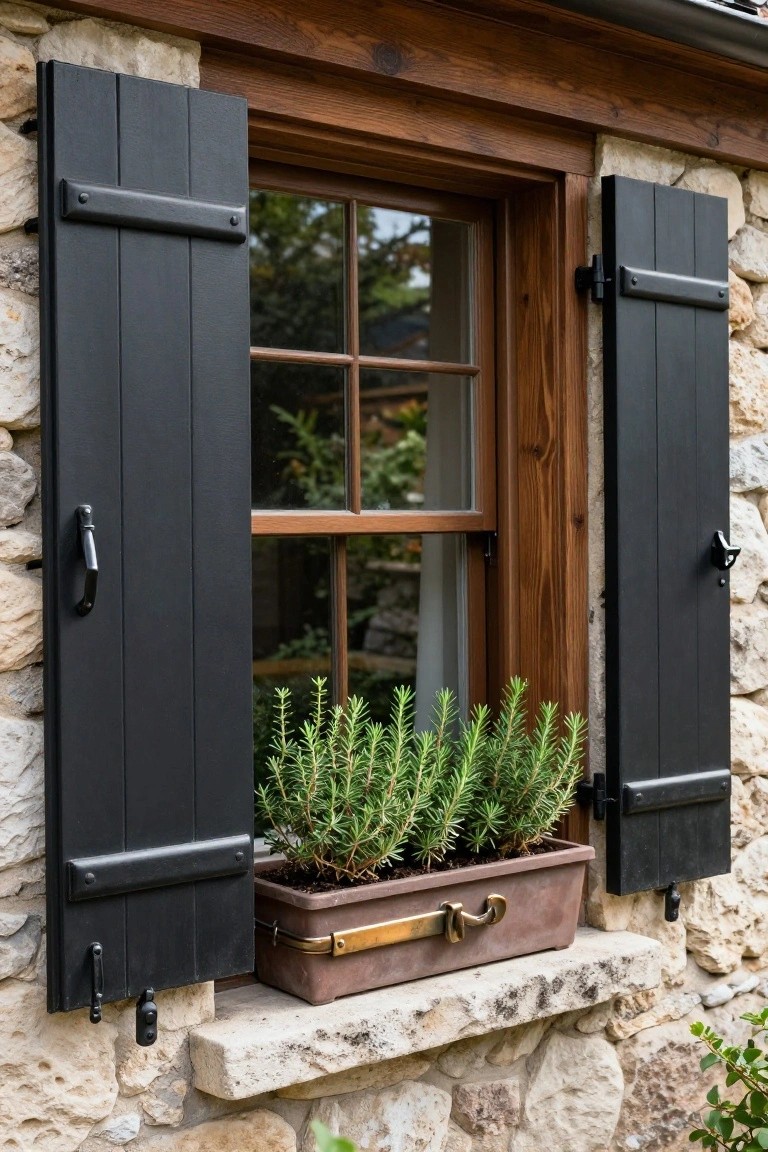 Exterior close-up of an open window with black wooden shutters flanking a divided-light wooden frame on a light stone wall, with a bronze window box planter holding rosemary plants on the sill.