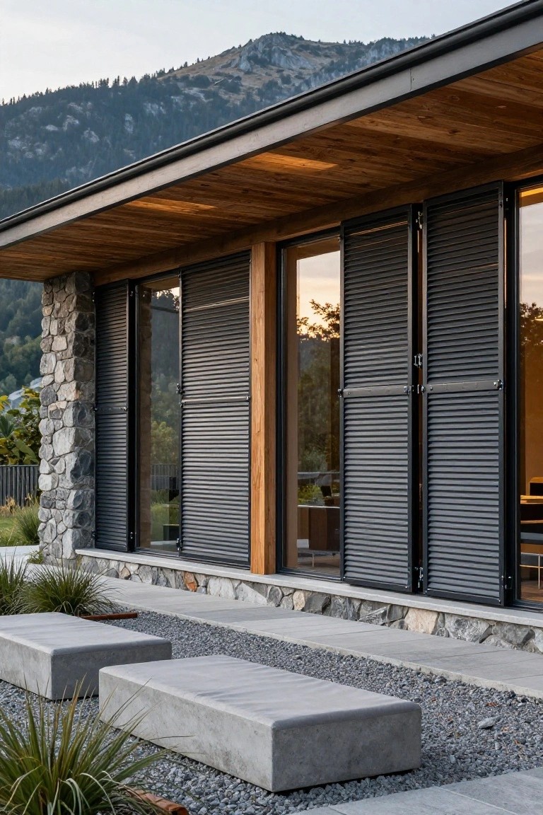 Modern house exterior featuring black slatted shutters on large glass doors and windows under a wooden overhang, with stone walls, concrete benches, gravel ground cover, and ornamental grasses in a mountainous setting.