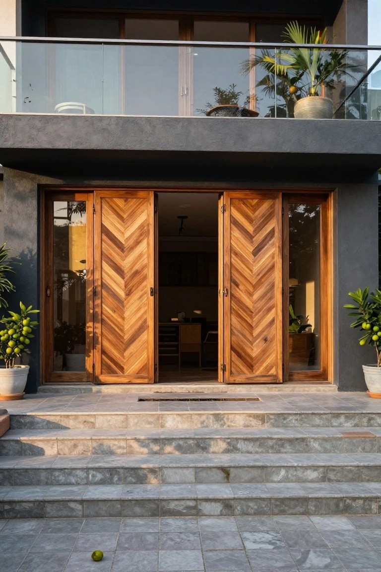 Modern house exterior with open folding wooden doors in chevron pattern, gray stucco walls, stone steps leading to the entry, and potted plants flanking the sides.