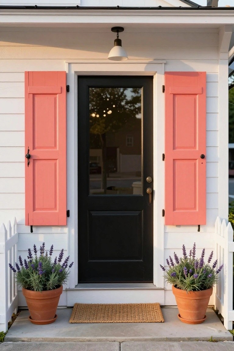 White clapboard house front with open coral shutters flanking a glass-paneled black door, lavender plants in terracotta pots on either side, and a white picket fence.