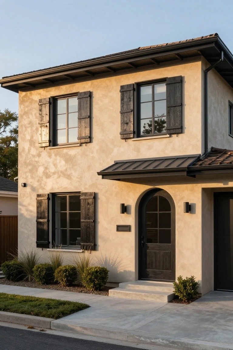 Beige stucco house facade with dark wooden shutters on upper and lower windows, arched black front door, metal awning, and low shrubs along the concrete entry steps.
