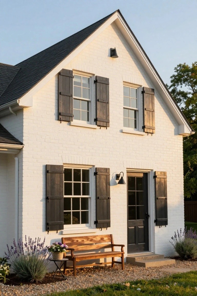 White brick house with dark shutters, wooden bench, and lavender plants.