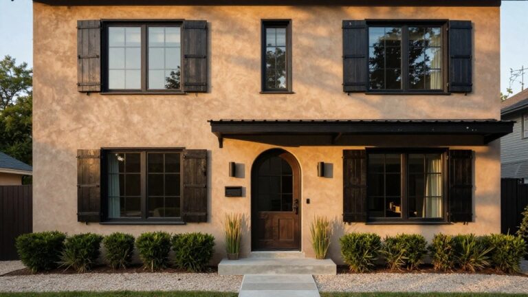 15 Modern House Exterior Shutter Ideas for a Fresh Twist Beige stucco house facade with dark wooden shutters on upper and lower windows, arched black front door, metal awning, and low shrubs along the concrete entry steps.