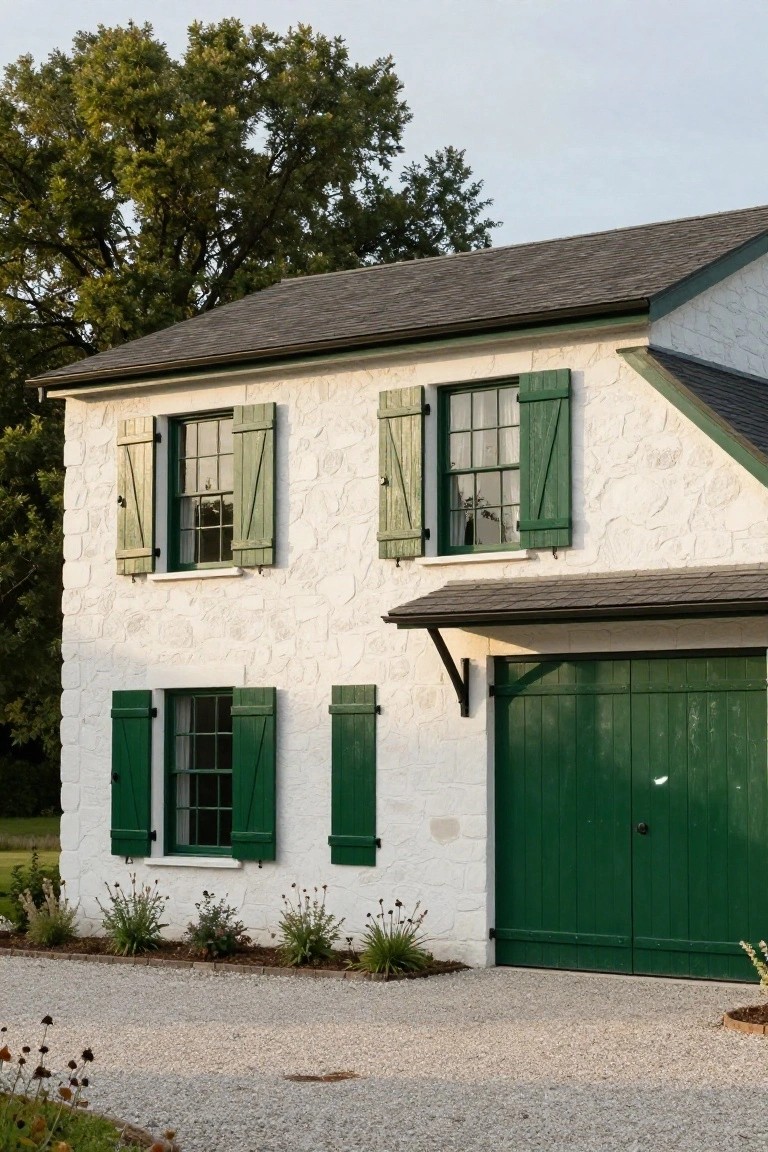 White stucco house exterior featuring green wooden shutters on multiple windows and a double green garage door, with gravel driveway, low plants along the base, and trees in the background.