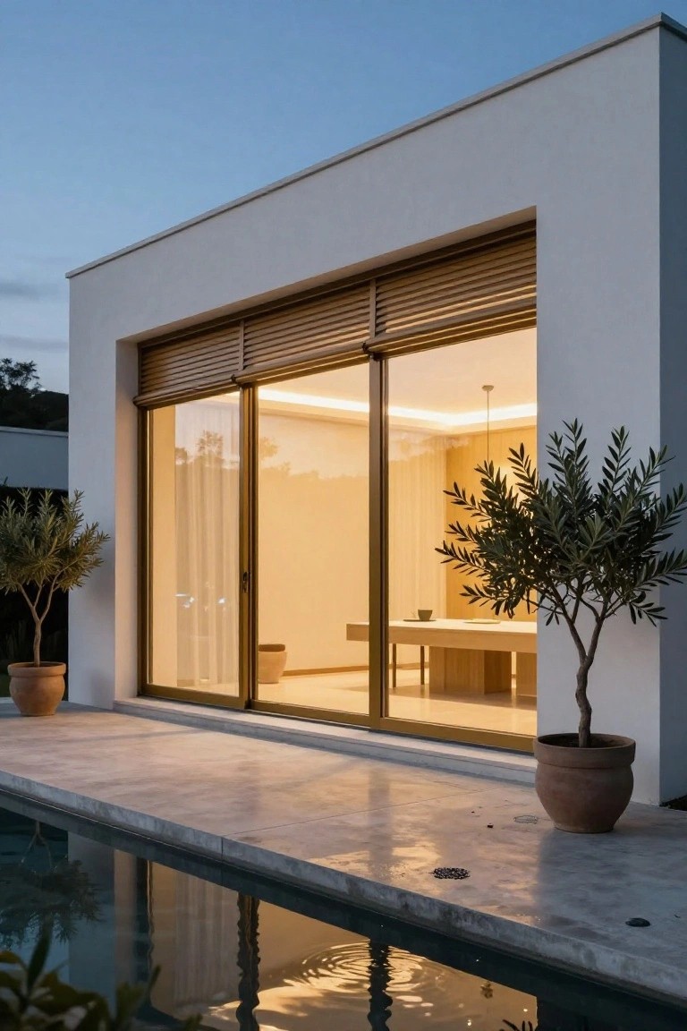 White modern house corner with sliding horizontal wooden slat shutters partially covering large glass doors open to an interior dining space, olive trees in terracotta pots on a stone pool deck at dusk.