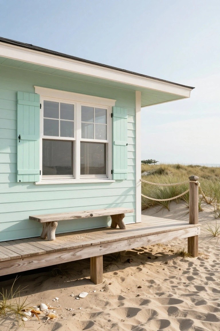 Side view of a mint green clapboard beach house with matching green louvered shutters flanking a double window, wooden bench on an elevated deck, rope fence on posts amid sand dunes and sea grass.