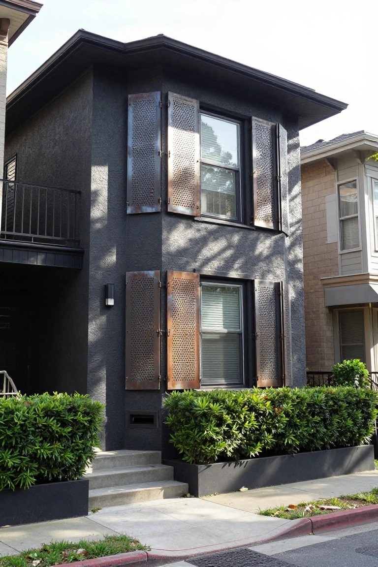 A two-story modern house with dark gray stucco exterior, brownish perforated metal shutters over several windows, a second-floor balcony with black railing, concrete entry steps, and boxwood hedges in black planters along the front.