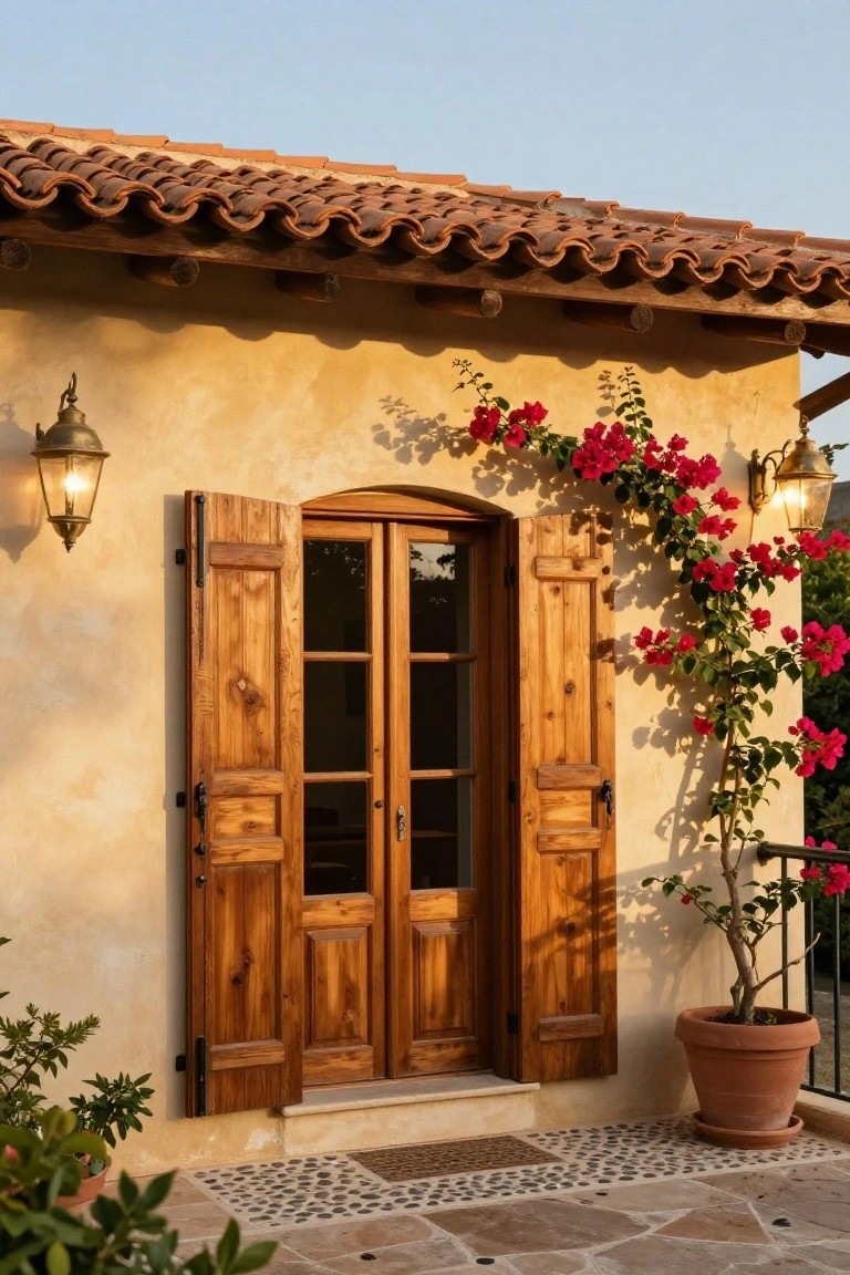 Beige stucco wall with terracotta tile roof overhang, open wooden louvered shutters on arched double French doors, wall lanterns lit at dusk, pink bougainvillea climbing beside the door, potted plant nearby, and pebbled stone entry path.