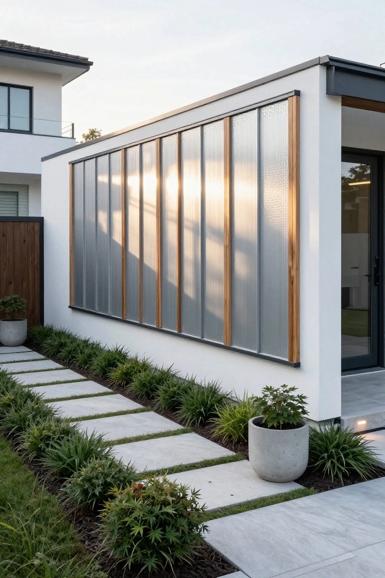 Side view of a modern white house exterior with vertical slatted metal panels framed in wood, a concrete paver pathway edged with grasses and plants, and a glass door at the end.