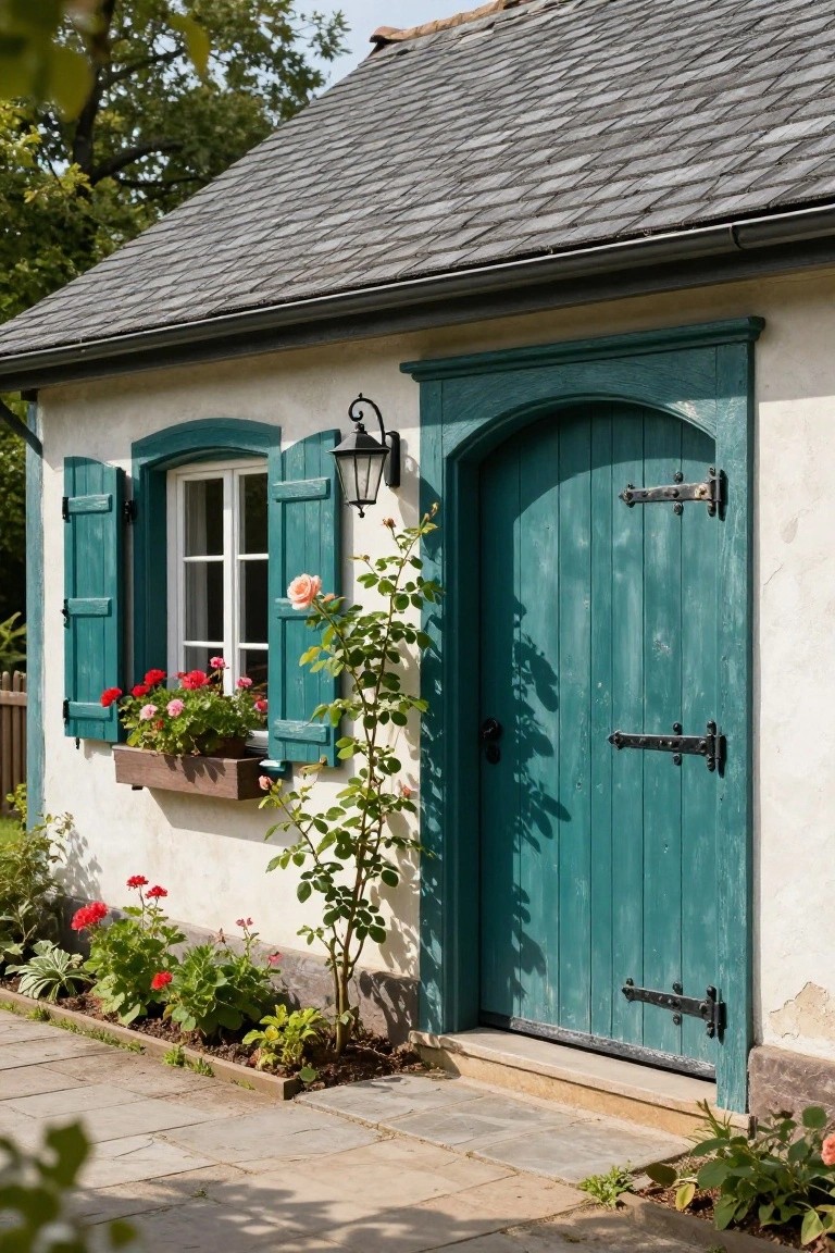 Small white stucco cottage exterior featuring a turquoise arched wooden front door with black iron hinges, matching turquoise wooden shutters on an arched window with geranium flower box, climbing rose vine beside the door, red geraniums in garden bed, slate roof, and stone path.