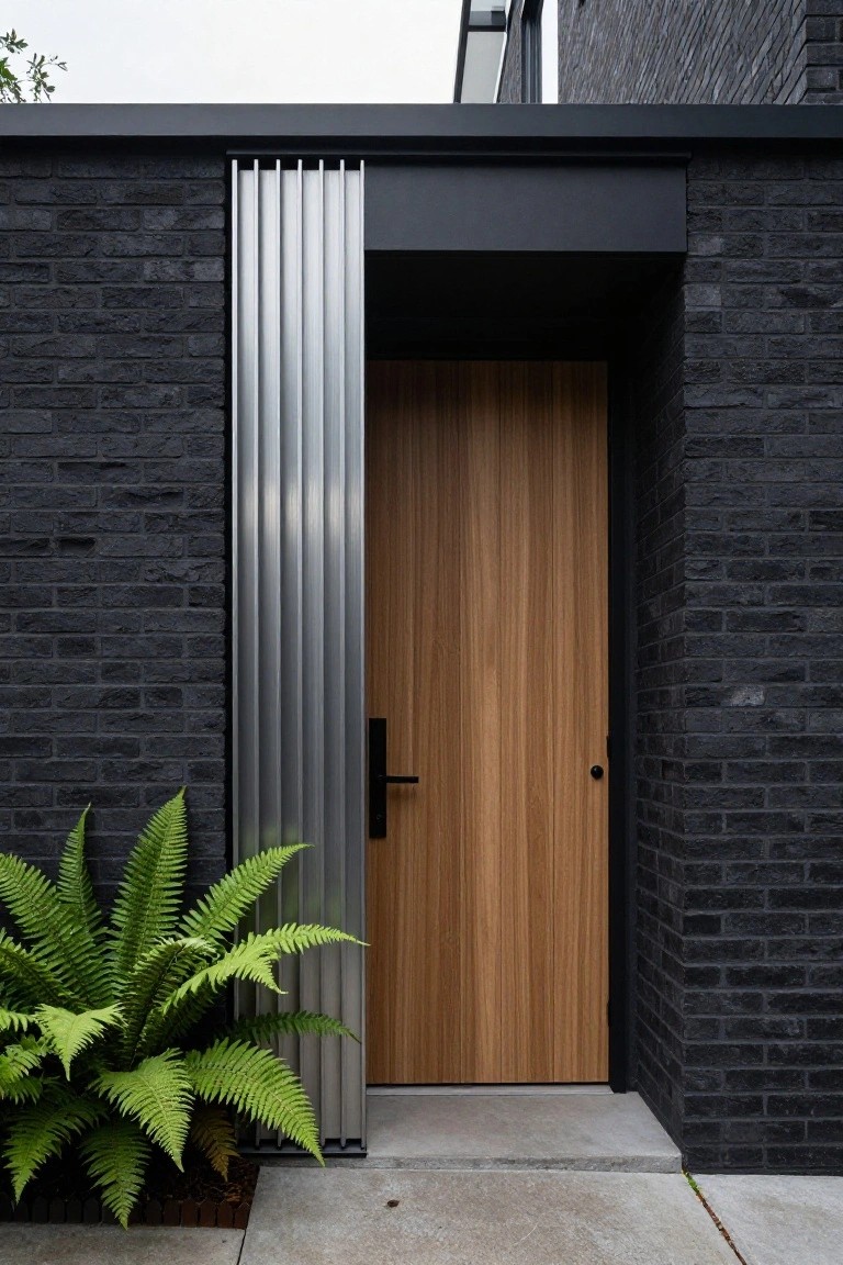 Close-up view of a house entrance with dark brick walls, a tall vertical slatted metal panel, light wooden front door with black handle, large green fern plant, and concrete landing.