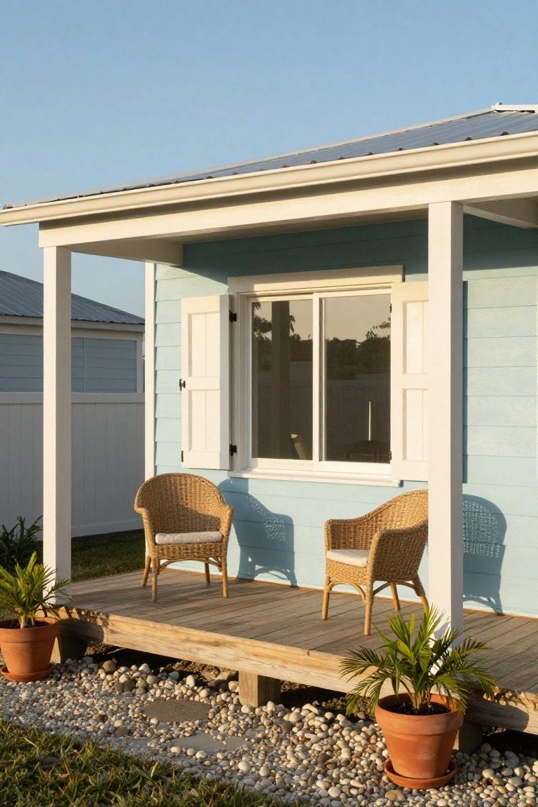 Light turquoise clapboard house exterior with open white shutters on a sliding window, wooden porch with two wicker chairs, white posts, potted plants, and gravel landscaping.