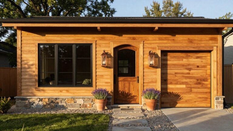 A modern wood-clad house exterior with horizontal cedar siding, stone foundation accents, black-framed window and arched door flanked by copper lanterns, wood garage door, potted lavender plants in terracotta pots, and stone steps on a gravel path.