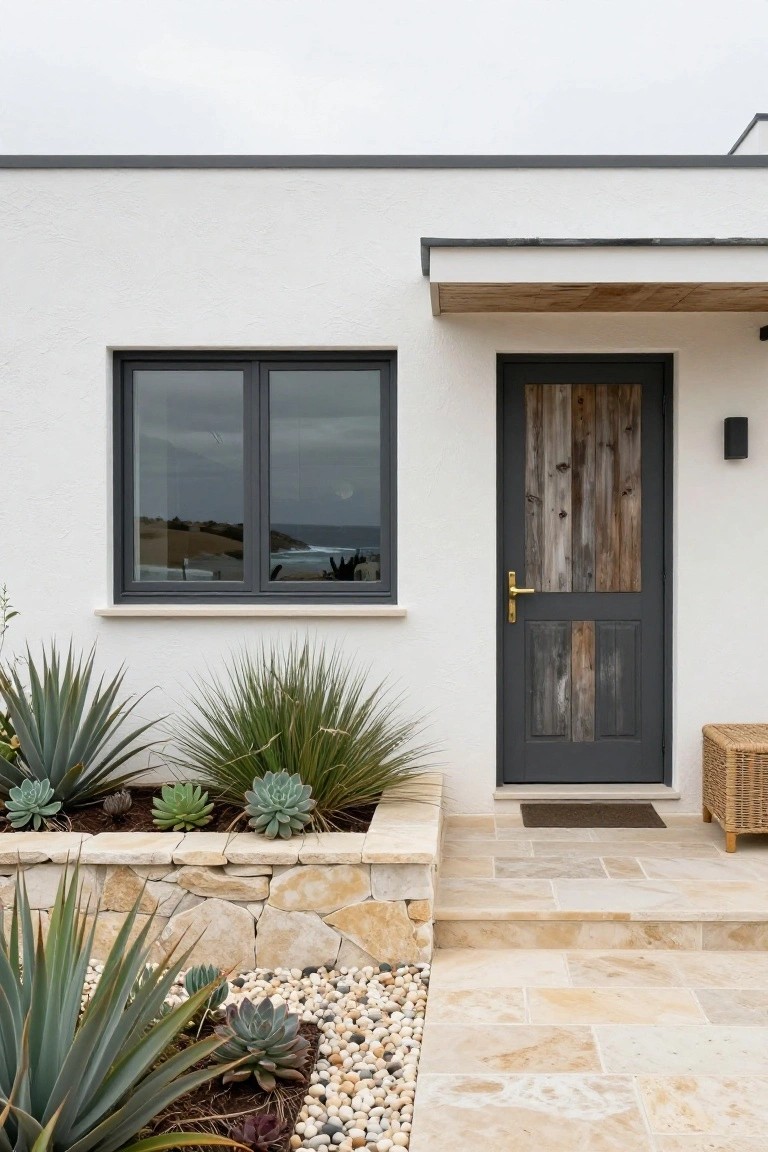 White stucco house exterior with dark gray wood-paneled front door, adjacent gray-framed window overlooking ocean, low sandstone retaining wall planter filled with agave and succulents, pebble ground cover, and beige stone steps at the entry.