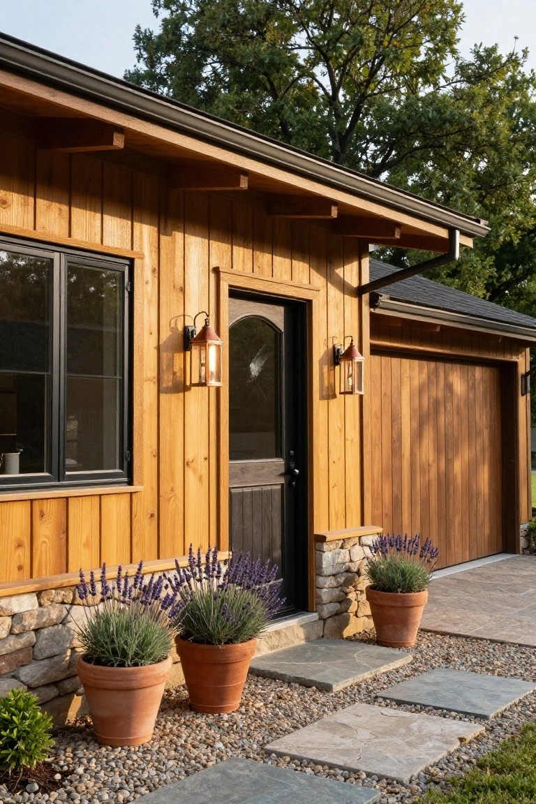 A modern wood-clad house exterior with horizontal cedar siding, stone foundation accents, black-framed window and arched door flanked by copper lanterns, wood garage door, potted lavender plants in terracotta pots, and stone steps on a gravel path.