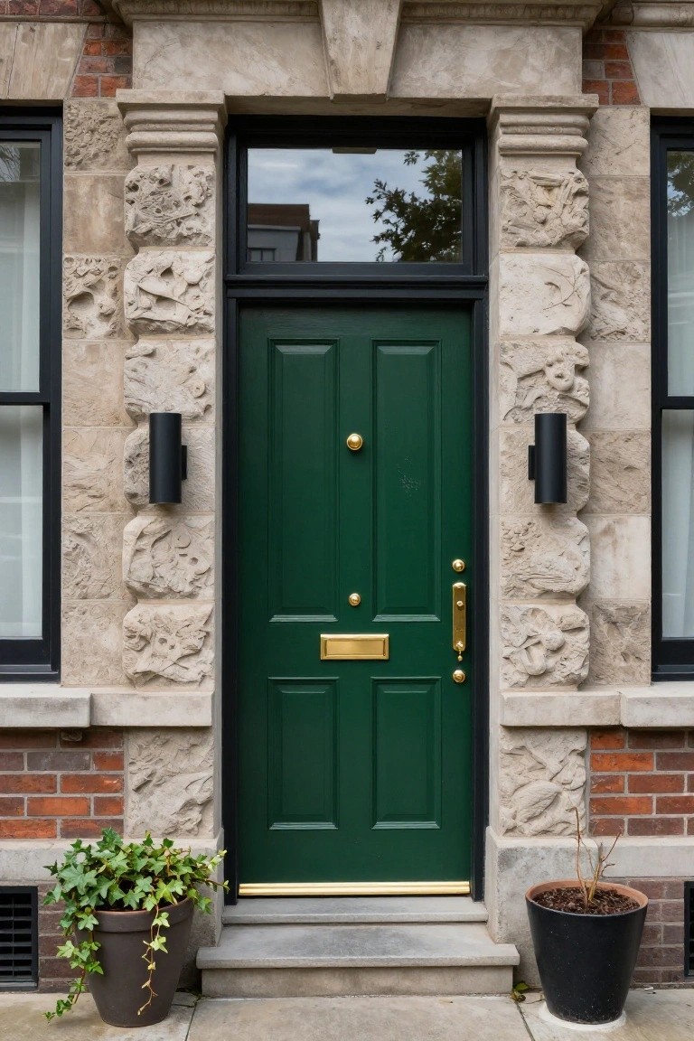 Green paneled front door with gold knocker and letterbox in a carved beige stone surround, flanked by black-framed windows and cylindrical black wall lights, with potted ivy and another plant on the steps.