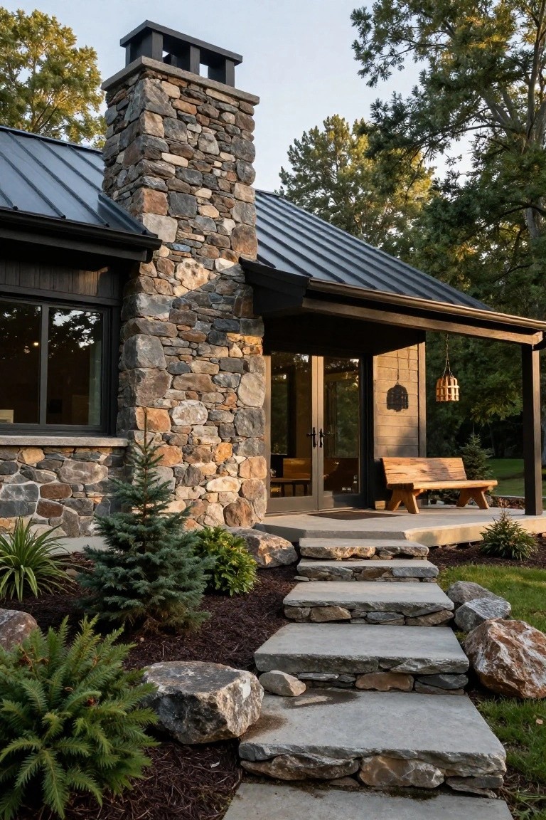 Modern house exterior with tall irregular stone chimney protruding through dark metal roof, stone walls at base, black-framed windows, glass entry doors on covered porch with wooden bench and hanging lantern, flagstone steps amid low plantings and boulders.