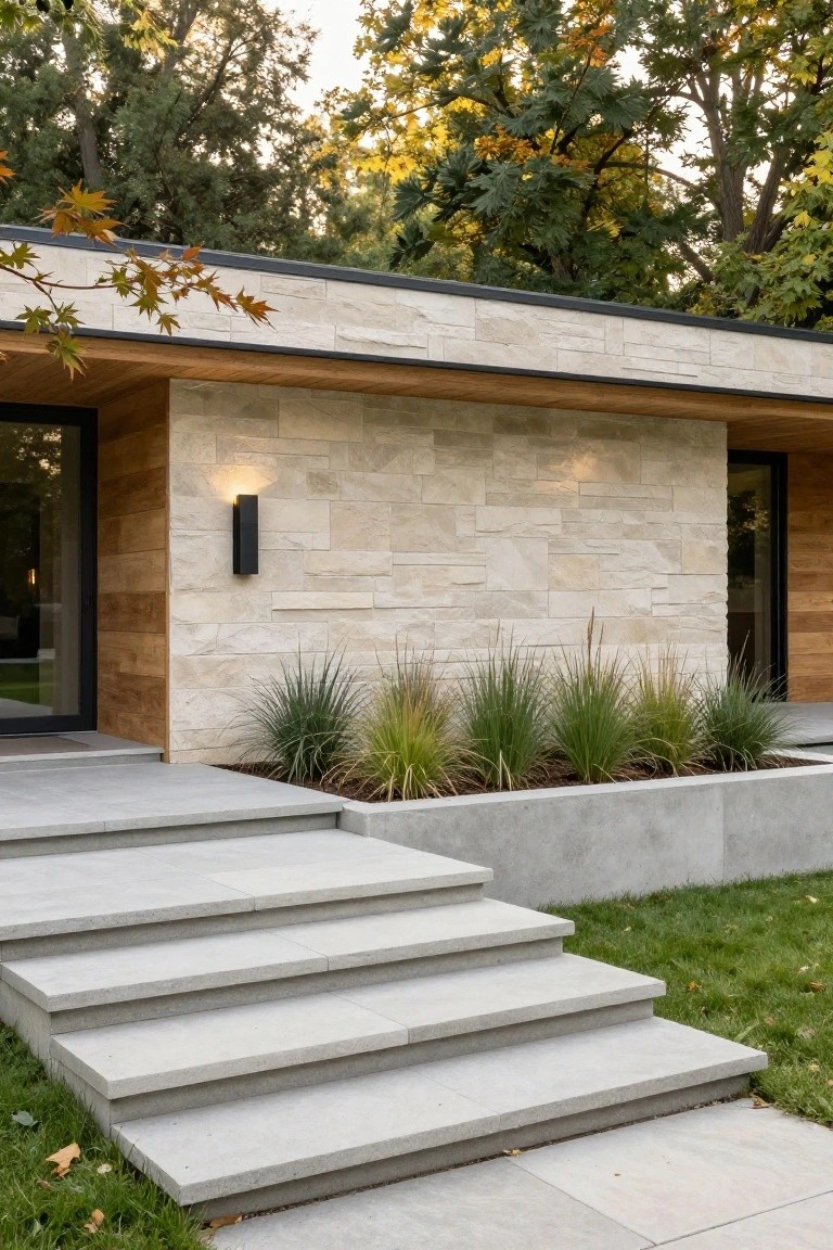 Modern house exterior with light beige stone veneer on walls around a black-framed glass entry door, wood accents, black wall sconce, concrete steps, raised concrete planter with ornamental grasses, and surrounding lawn and trees.
