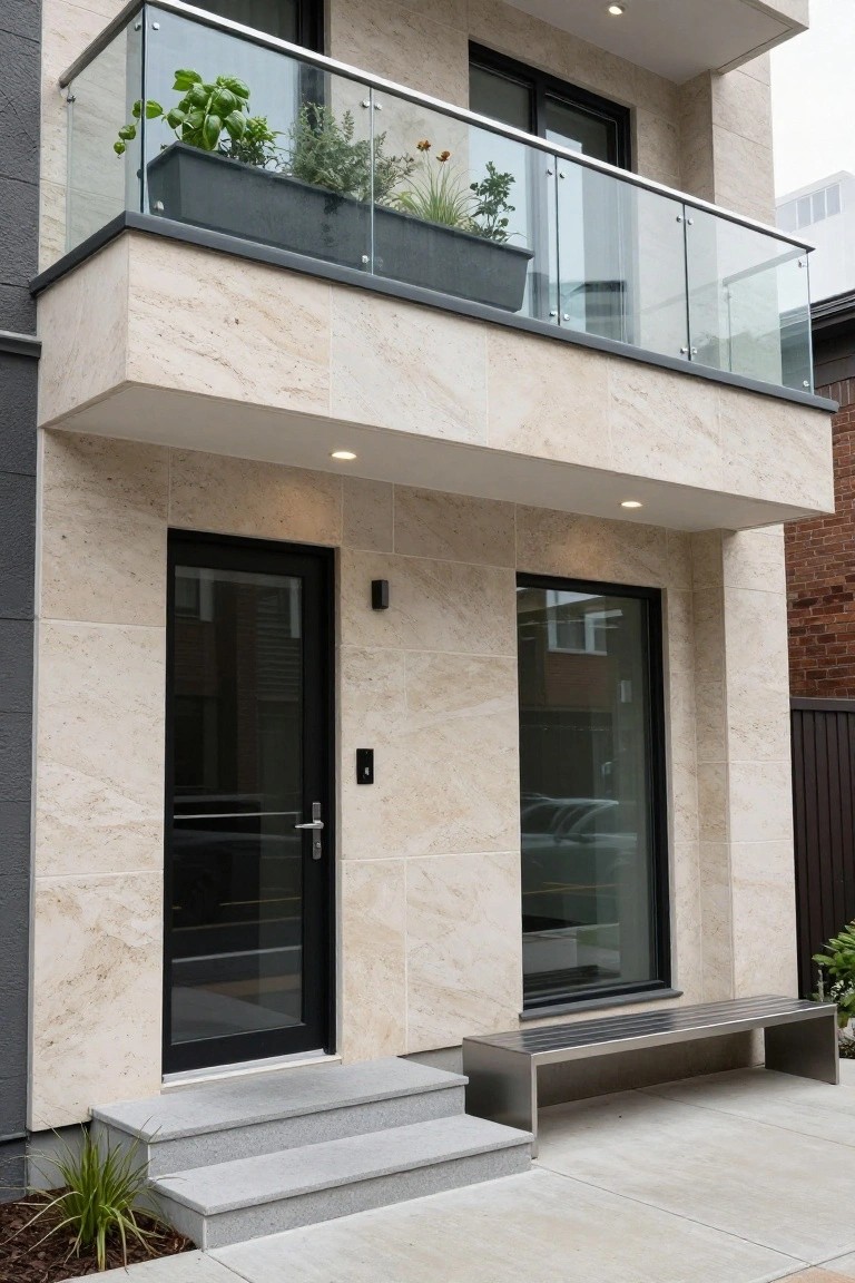 Modern two-story house exterior with beige stone cladding on walls, glass balcony with plants, black-framed door and window, stainless steel bench, and gray stone steps.