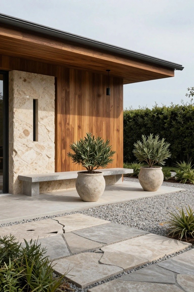 Modern house exterior showing a beige textured stone pillar with vertical slit next to vertical teak wood cladding, concrete bench, two large terracotta pots with olive trees, stone pavers, gravel ground cover, and entry plants.