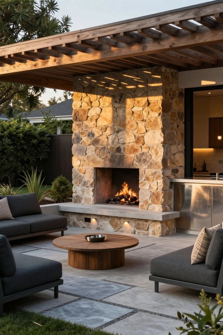 Outdoor patio under wooden pergola featuring a tall stone-clad fireplace with active fire, L-shaped gray sofa, round wood coffee table, concrete pavers, and adjacent stainless steel kitchen counter through glass wall.