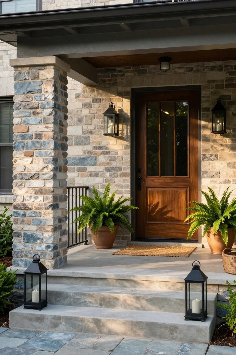 Front porch entry of a house with a tall stone pillar in mixed blue and beige tones, flanked by brick walls, a wooden door with glass panels, wall lanterns, potted ferns, floor lanterns on steps, and a woven doormat.