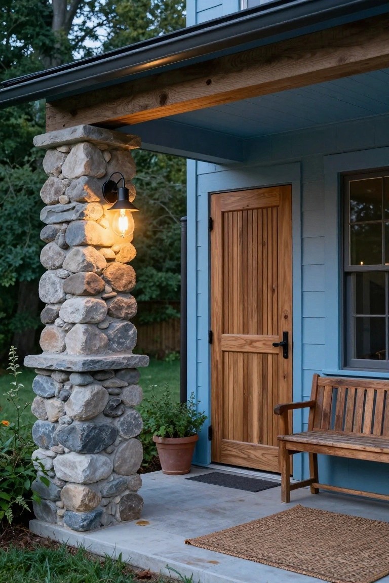 Porch entrance on a light blue house with a tall stacked stone pillar supporting the roof, black lantern light attached to the pillar, vertical wood plank door, wooden bench, potted plant in terracotta pot, seagrass door mat, and surrounding greenery.