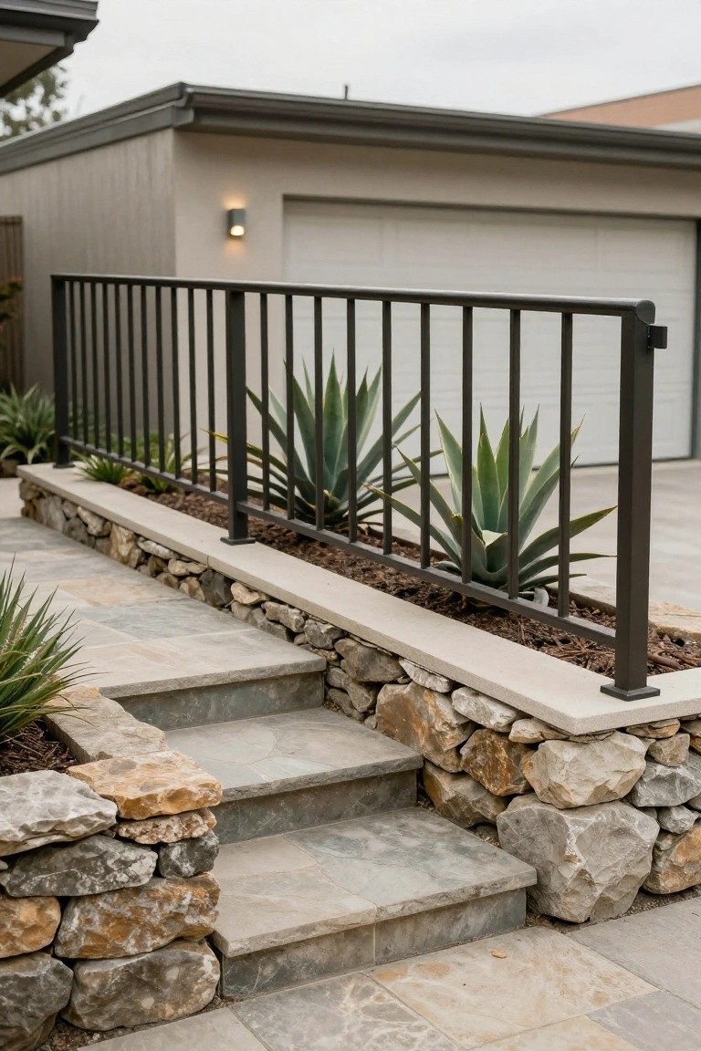 Garage side of a modern house with beige siding and gray garage door, black metal railing atop a concrete-capped stone retaining wall planter containing three agave plants, flanked by rough stone walls and gray stone steps on a paved path.