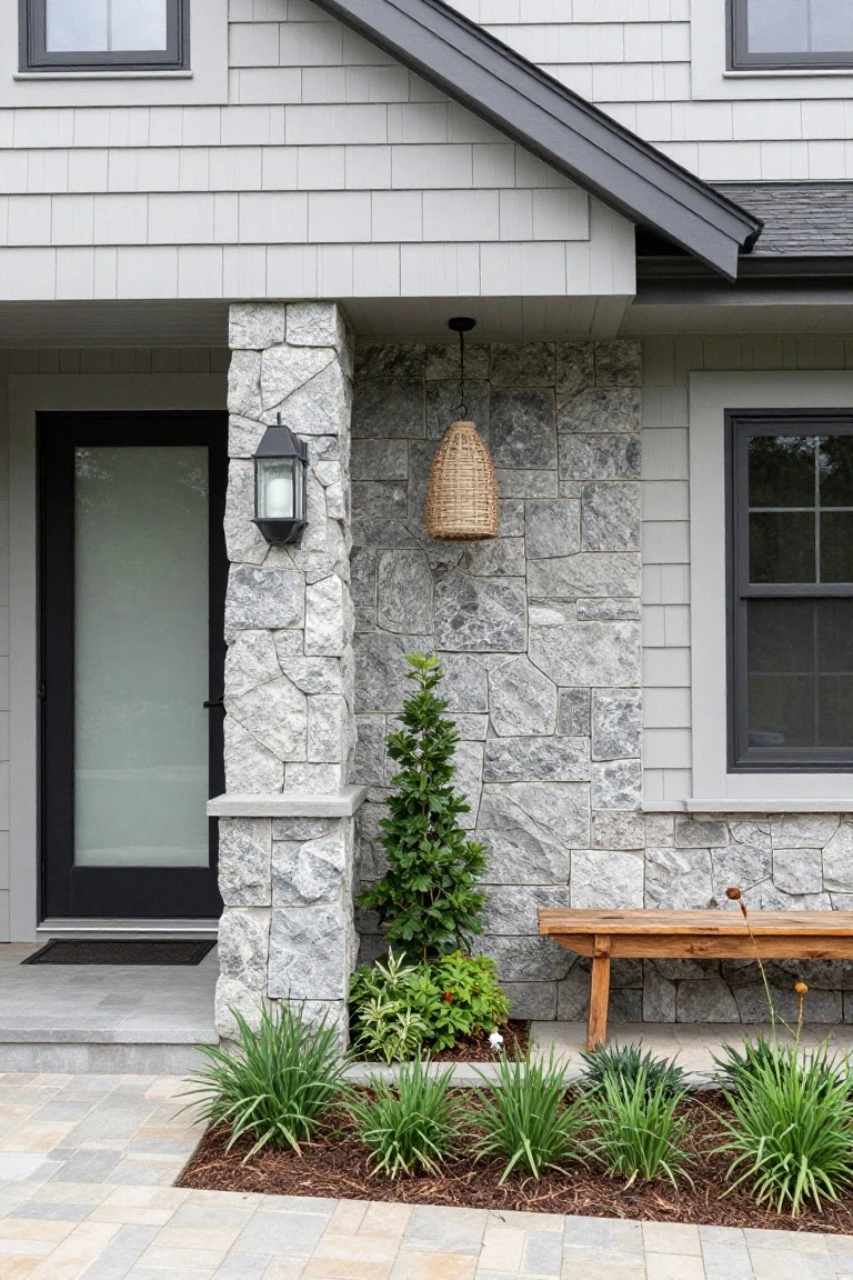 Front exterior of a two-story house with gray horizontal shake siding, gray stone pillars and wall accents framing a tall black door with frosted glass, wall lantern, woven pendant light, wooden bench, and low plants on a paver entry path.