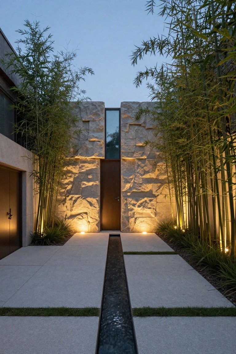 Modern house entrance featuring textured light stone walls framing a dark wood door and adjacent garage door, flanked by tall bamboo plants, with ground lights, low plants, grass strips, and a narrow water channel in light gray concrete pavement at dusk.