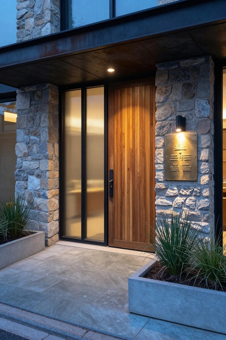 Stone Walls Frame a Clean Entry Door
