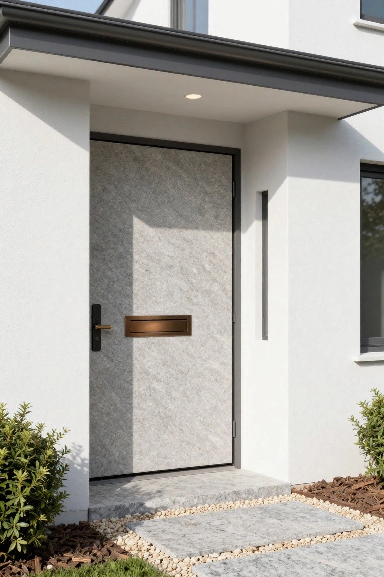 Modern house entrance with tall gray textured stone front door, bronze handle and mail slot, white stucco walls, black trim, boxwood shrubs, and gray stone steps with white pebbles.