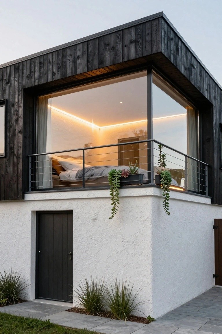 Corner exterior of a two-story modern house with black vertical wood cladding on the upper section, white plaster on the lower walls and base, a large corner glass window revealing a bedroom balcony with bed and plants, a black front door, grasses nearby, and a paved path.