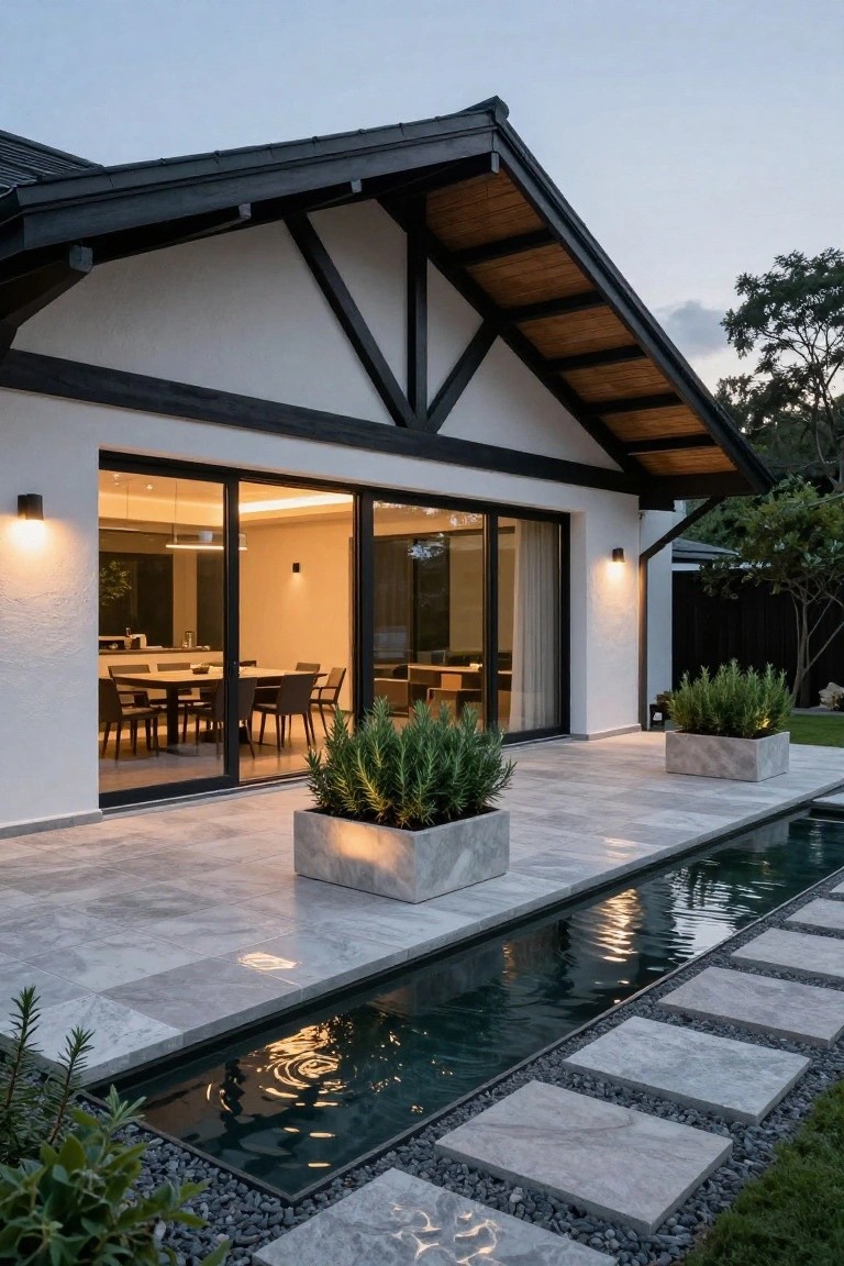 Side view of a modern house with black timber roof framing and wall supports on white walls, large sliding glass doors revealing an indoor dining area, gray tiled patio, linear reflecting pool, and potted plants.