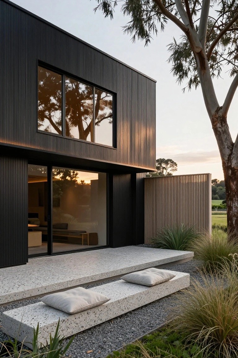 Modern house exterior with black vertical cladding, large triple-pane windows reflecting trees, sliding glass doors opening to a concrete terrace with cushioned benches, native grasses, gravel, and eucalyptus trees in the background at dusk.