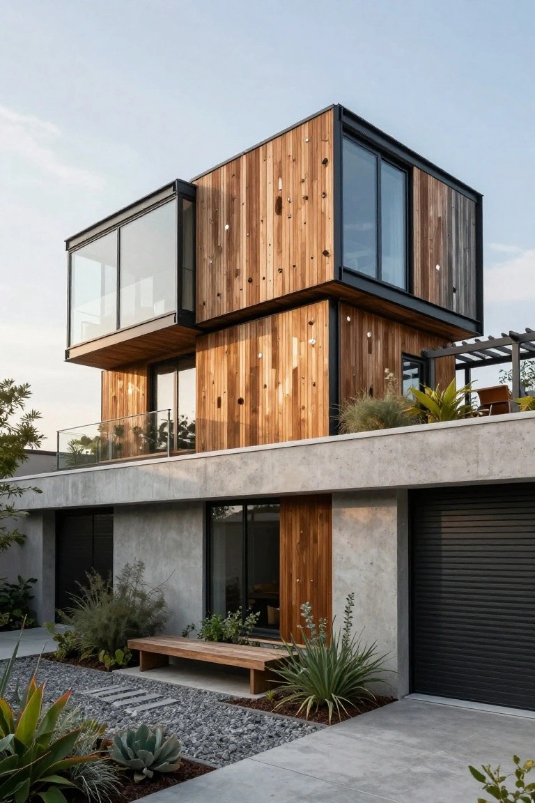 Modern two-story house exterior with cantilevered upper level clad in vertical wooden planks, concrete base and walls, large glass windows and doors, black garage door, wooden bench, gravel path, and drought-tolerant plants like agave.