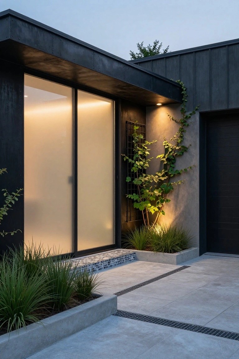 Modern house exterior with black timber cladding, large vertical frosted glass doors under an overhang, metal trellis supporting climbing vines, potted grasses in concrete planters, mosaic entry steps, and a concrete pathway beside a garage door.