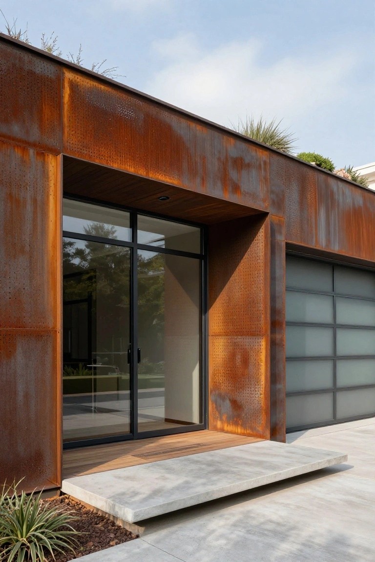 Modern house exterior with orange corten steel panels, large black-framed glass sliding doors, frosted garage door, wooden entry deck, concrete steps, and agave plants in gravel.