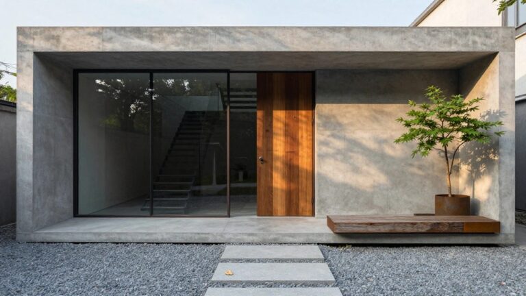Modern two-story house with textured board-formed concrete walls, large frameless corner glass window, wooden entry door, external black metal stairs, and front courtyard of gravel, pavers, wooden bench, bonsai tree, and potted plants.